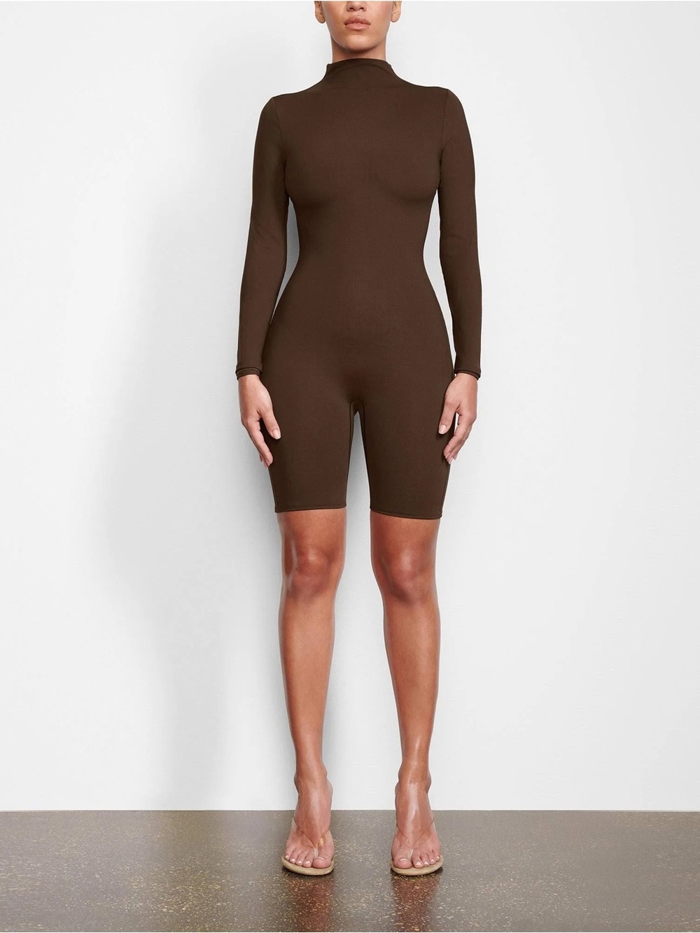 SKIMS All in One Long Sleeve Mid Thigh Onesie in Brown